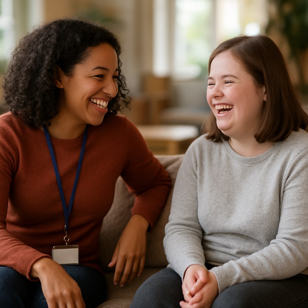 A support worker and a smiling young adult laughing together over a tablet