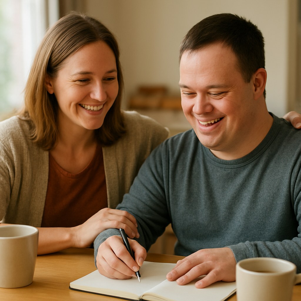 A support worker sitting with and supporting an adult at a bright home table