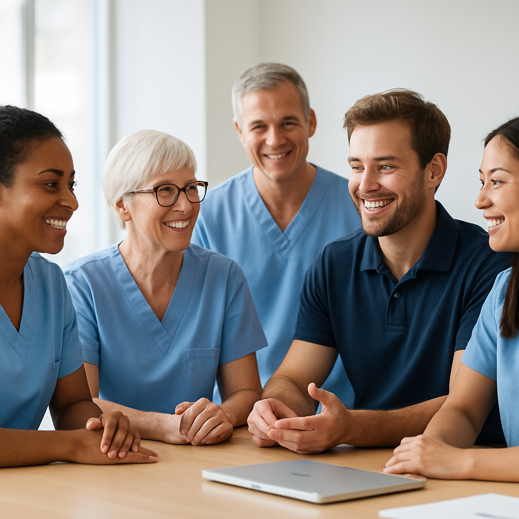 A diverse, smiling team of care professionals collaborating together