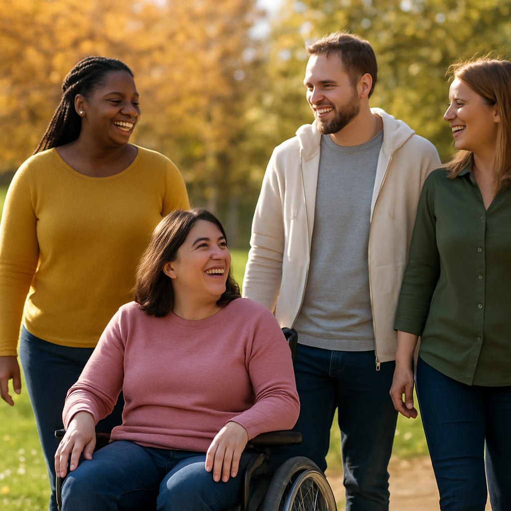 A diverse group of adults, including a person in a wheelchair, enjoying an outdoor community outing together