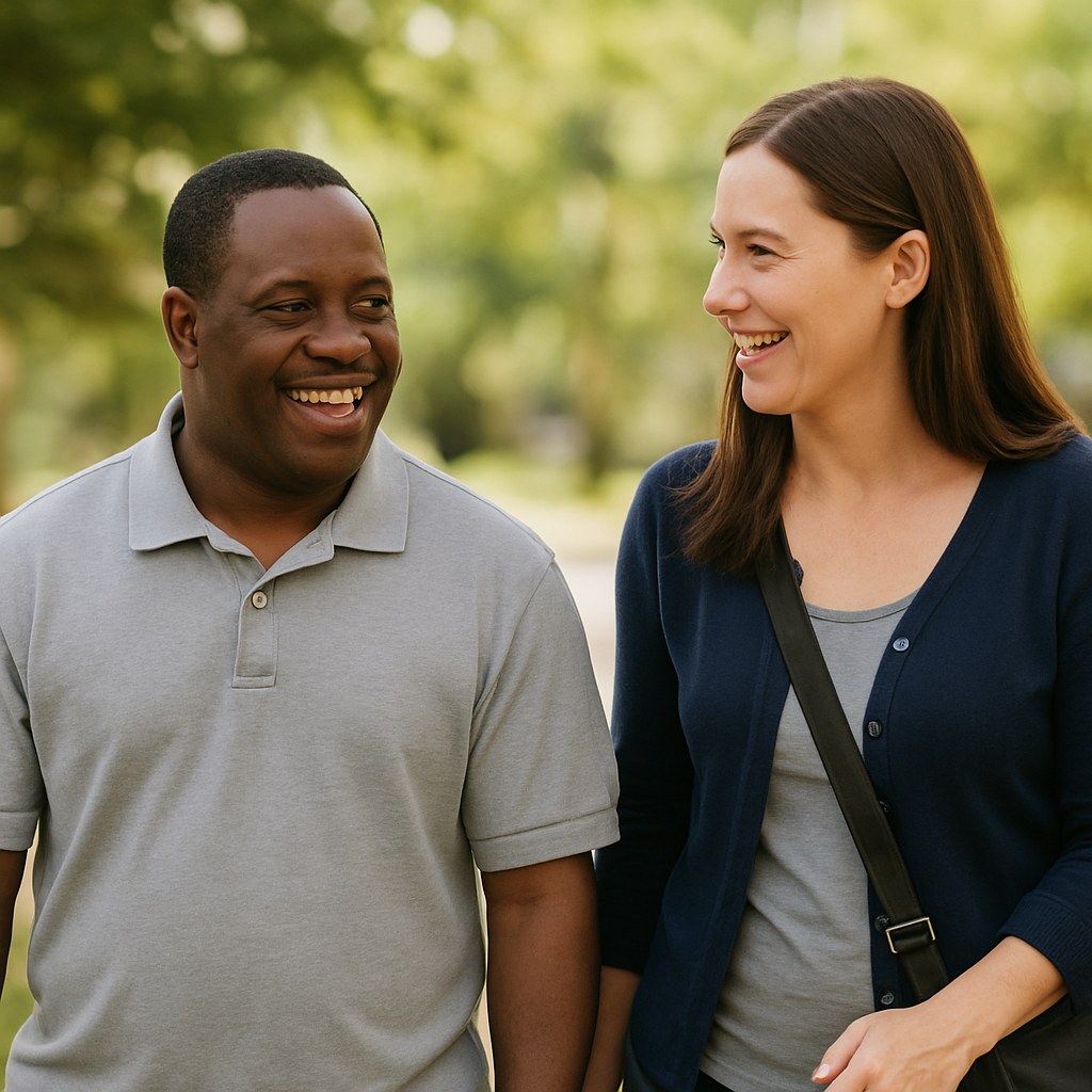 A direct support professional walking and chatting warmly with an adult man outdoors
