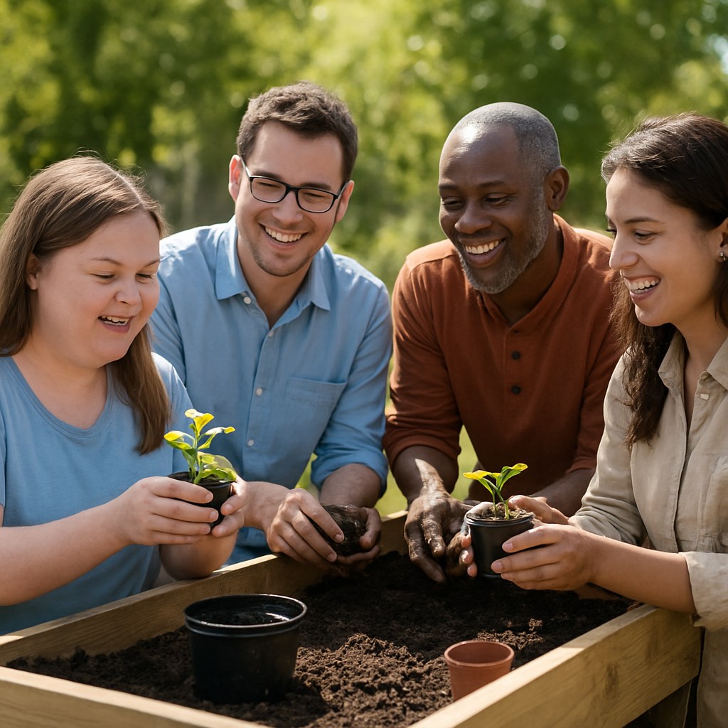 A diverse group of adults learning together at a hands-on outdoor gardening workshop