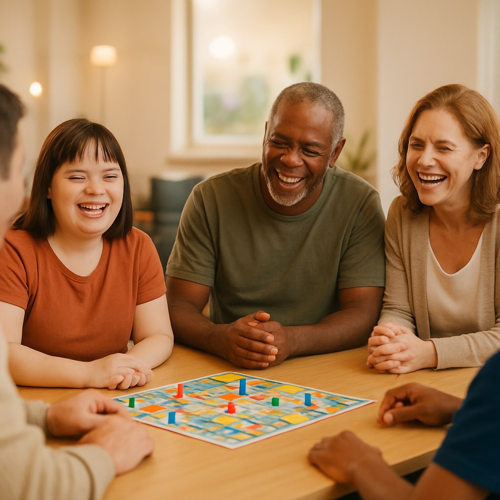 An inclusive group of adults laughing together during a friendly group activity indoors